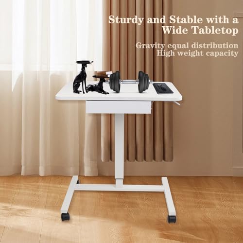 CLATINA Mobile Laptop Standing Desk, Height Adjustable Teacher Podium with Lockable Wheels, Adjustable Work Table with Drawer, Computer Cart Overbed Table for Home Office Classroom, White CLATINA