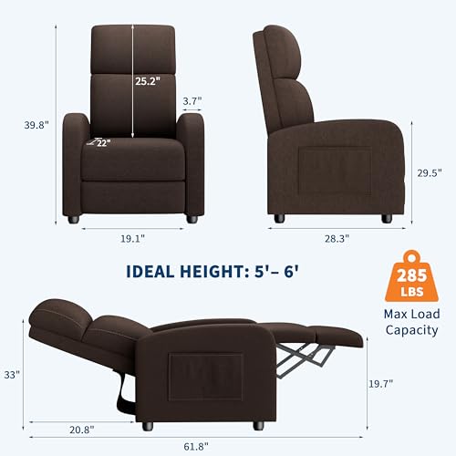 GarveeHome Linen Fabric Manual Recliner Chair, with Side Pocket, High Backrest, Thick Cushion, Adjustable Push Back Recliner, Lazy Lounge Chair for Living Room, Home Theater, Bedroom, Brown