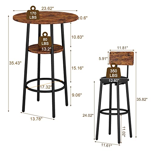 KIVENJAJA Rustic Brown 3-Piece Bistro Bar Table Set for 2 with PU Upholstered Stools KIVENJAJA