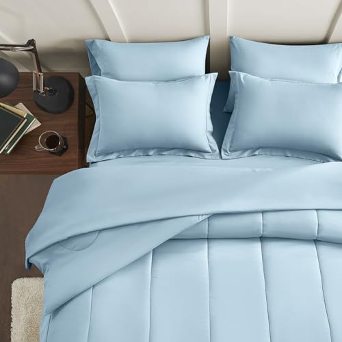 Maple&Stone Full Size Comforter Sets 7 Pieces Bed in a Bag - Down Alternative Bed Set with Comforter, Sheets, Pillowcases & Shams, All Season Lightweight Bedding Set, Light Blue Maple&Stone