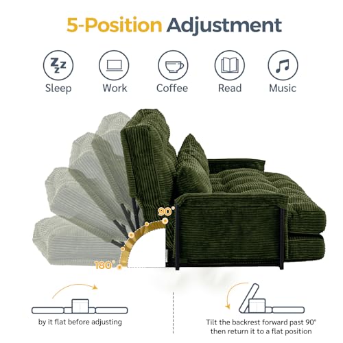 MAXYOYO Adjustable Floor Sofa Couch with 2 Pillows, Multi-Functional Bean Bag Bed, 5-Position Foldable Lazy Sofa Sleeper Bed with Armrest, Versatile Floor Seating for Reading, Dark Green, Double MAXYOYO