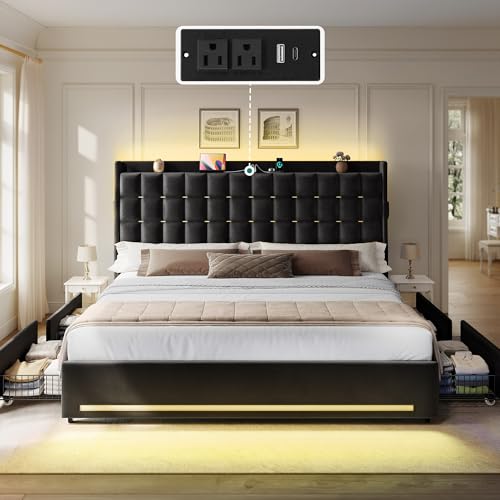 YITAHOME King Size Bed Frame with 4 Drawers and RGB LED Lights, Velvet Upholstered Platform Bed with Charging Station and Storage Headboard, No Box Spring Needed, Easy Assembly, Noise-Free, Black YITAHOME