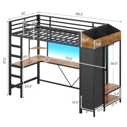 VIAGDO Loft Bed Twin Size with Hall Tree, Charging Station and LED Lights, Metal Loft Bed with L-Shaped Desk, 5 Storage Drawers, Heavy Duty Twin Size Bed with Stairs, No Box Spring Needed, Black VIAGDO