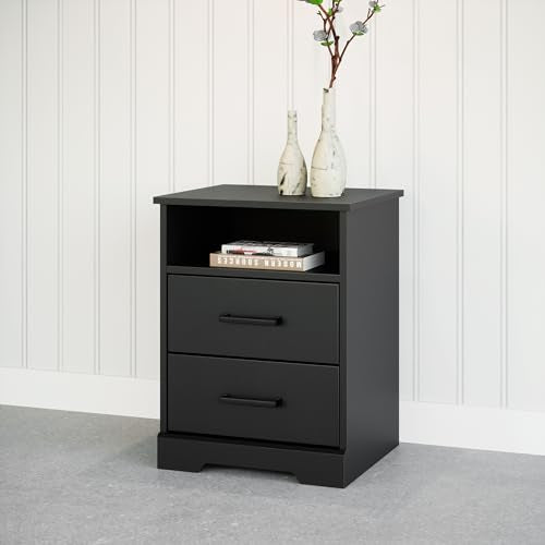 Prepac Rustic Ridge Farmhouse Nightstand Bedside Table, Black Nightstand for Bedroom, End Table with 2 Drawers and Open Shelf 16.25"D x 18.75"W x 24.5"H Prepac