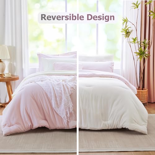 Kozyhvn Full Size Comforter Sets for Girls, Pink and White Comforter Reversible, 7 Pieces Soft Bed in a Bag Full with Comforter, Sheets, Pillowcases & Shams, All Seasons Boho Full Bed Set Kozyhvn