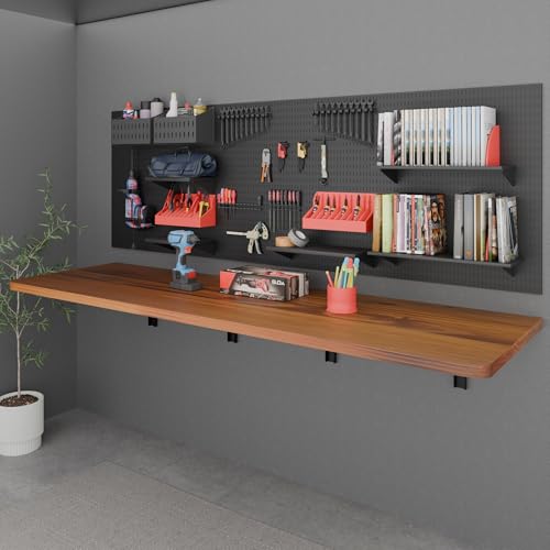 IAE Floating Wall Mounted Folding Table Desk with Pine Wood,72" x 22" Foldable Workbench,Fold Down Wall Mounted Foldable Desk with Shelf Brackets,Laundry Folding Table for Home,Dining,Kitchen,Teak IAE
