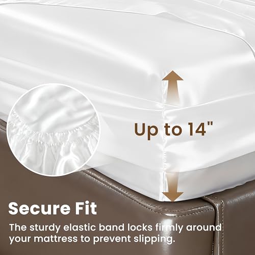 Love's cabin Full Size Satin Sheet Sets - 4 Piece White Silky Satin Sheet Set Full with Deep Pocket, Luxury Silk Feel Satin Bed Sheets Full Bedding Set (1 Flat Sheet,1 Fitted Sheet,2 Pillow Cases) Love's cabin