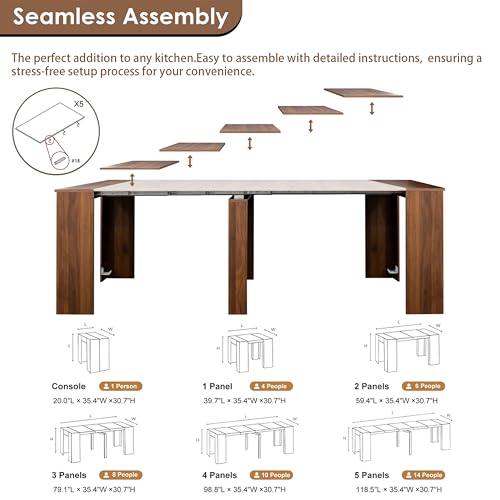 DMAITH 20"-118" Extendable Dining Table for 2-12 People, Modern Modular Extension Table, Space-Saving Extra Long Folding Dining Table, Multifunctional Conference Meeting Table, Walnut DMAITH