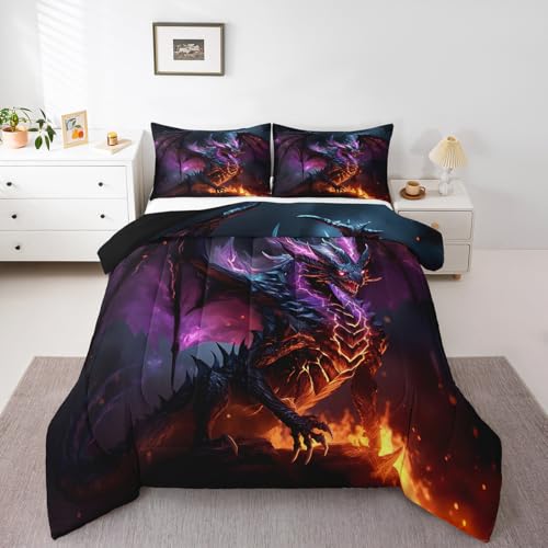 Erosebridal 3D Dragon Bedding Set King Magical Wildlife Comforter Set, Wild Animal Bedding Comforter Sets Gradient Lightning Down Comforter, Glowing Fire Duvet Insert Boys Girls Funny Home Decoratives Erosebridal