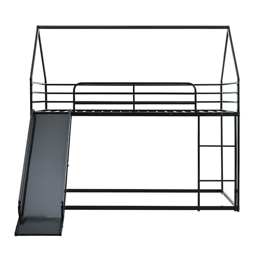 AEMSOFK Bunk Bed with Slide for Kids,Bunk Bed Twin Over Twin, Metal Junior House Low Bunk Bed, Toddler Floor Bunk Beds Frame with Guardrail for Kids, Convertible Slide and Ladder Noise Free(New Black) AEMSOFK