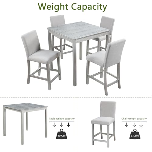 KEIKI 5-Piece Counter Height Dining Table Set with Square Table and 4 Upholstered Chair, for 4 Person, Modern Crystal Decoration Wooden Table Set, Easy Assembly, for Kitchen, Dining Room, Silver Grey KEIKI