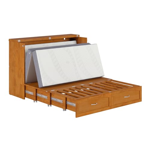 AFI, Marion Queen Wood Murphy Bed Chest with 6" Mattress, Storage Drawer, & Built-in Charger, Light Toffee AFI