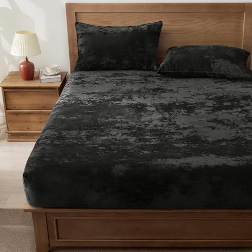 BEDELITE Velvet Fitted Sheet and Pillowcases Set, Luxury Soft Fuzzy Bottom Sheet with Reinforced Elastic Corner Straps, Deep Pocket up to 15 Inch, 1 Fitted Sheet and 2 Pillowcases (King, Black) BEDELITE