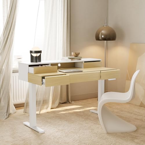 HUANUO Standing Desk with Drawers, 48 Inches Electric Height Adjustable Desk with Storage, Whole-Piece Board Sit Stand Up Desk with Monitor Shelf, Light Walnut HUANUO