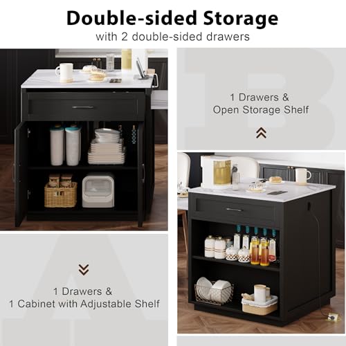 Merax 82.7" Kitchen Island with Extendable Dining Table for 4-6, Rolling Mobile Center Islands with Storage, Charging Station, 2 Drawers 2 Side Open Shelves, Black Merax