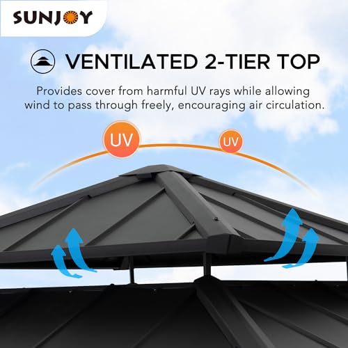 Sunjoy 11 x 11 ft. Wood Gazebo Standard Cedar Framed Gazebos with Black Double Steel Hardtop Roof for Garden, Backyard Shade, Matte Black Roof + Natural Wood Frame Sunjoy