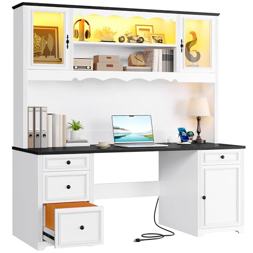 DWVO Executive Desk with Hutch and Power Outlets, Computer Desk with Drawers & LED Lights, Farmhouse Home Office Desks with Storage Shelves, White & Black DWVO