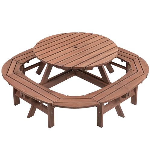 10-12 Person Picnic Table Round Outdoor Dining Table with Umbrella Hole,1 Built-in Ring Stool,Wooden Outside Picnic Tables and Bench Set for Garden,Patio, Backyard,2500LBS Total Capacity,Walnut Brown Pvillez