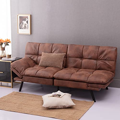 Anwick Convertible Memory Foam Futon Couch Bed, Leather Futon Sofa Bed, Folding Modern Sleeper Sofa with Quick Adjustable Armrest and Backrest for Studio Apartment/Home Office/Small Space (Brown) Anwick