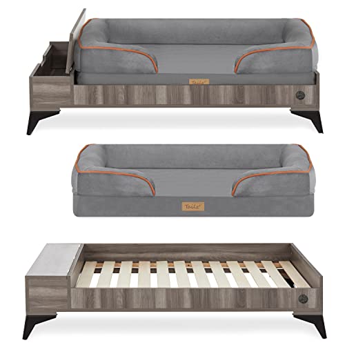 TailZzz Wooden Dog Bed with Mattress, Large to Extra Large Water-Resistant Elevated Pet Bed, Wooden Pet Bed with Storage, Greenguard Gold Certified, Machine Washable, Smokey Grey, Wyatt TailZzz
