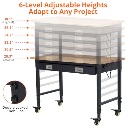 TrailBlaze 48"x 24" Workbench with Drawer Storage, Power Outlet & 4 Lockable Wheels, Heavy Duty Rubber Wood Top Workbench, Adjustable Height Work Table for Home/Garage/Workshop - 2000lbs Load Capacity TrailBlaze
