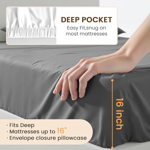 USXIBEI Queen Size 4 Piece Sheet Set - Comfy Breathable & Cooling Bed Sheets Set, Soft and Wrinkle Free, Deep Pockets, Easy & Secure Fit, Hotel Luxury Bedding for Women, Men - Oeko-Tex - Dark Grey USXIBEI