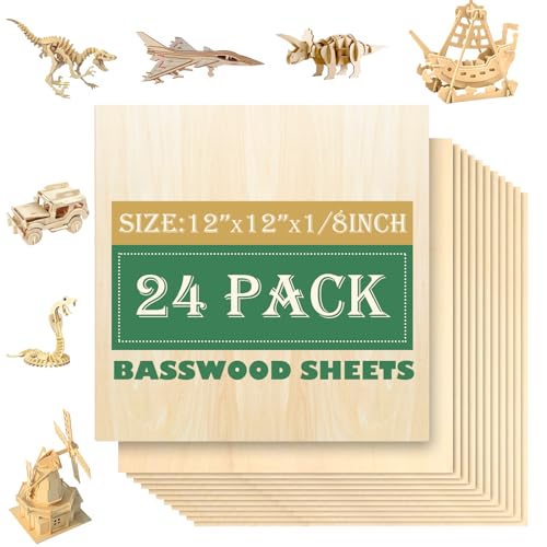 24 Pack 12"x12"Basswood Sheets 1/8",3mm Basswood for Laser Cutting,3mm Plywood Unfinished Wood Craft Wood for DIY Ornaments and Models Drawing Painting Engraving Wood Burning and Laser Cutting QSJQllo