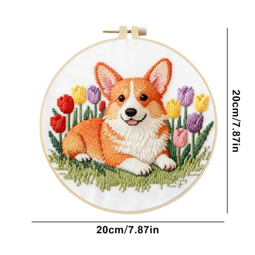 jinglinhh Embroidery Starter Kit Corgi Dog Tulip Flower for Adult Beginners, DIY Stamped Cross Stitch Kit Kit with Hoops, Threads & Embroidery Cloth, Needlework Craft Gift for Women