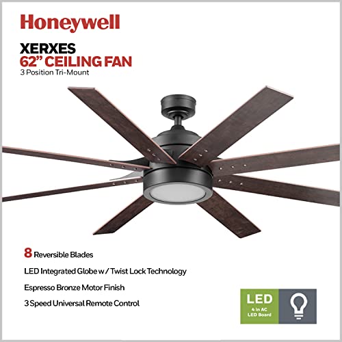 Honeywell Ceiling Fans Xerxes Modern 62 Inch Ceiling Fan with Light, LED Fan with Remote Control, Indoor Fan, 8 Contemporary Blades with Dark Wood and Pine Finish Options, Bronze (51926-01) Honeywell