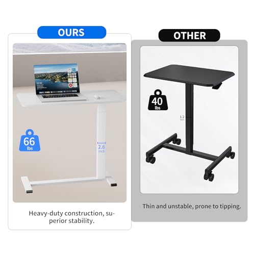 Ywin Medical Adjustable Overbed Bedside Table with Wheels, Rolling Standing Desk, Pneumatic Small Side Bed Table with Tray for Couch, Hospital, Home,Office Use (White) Ywin