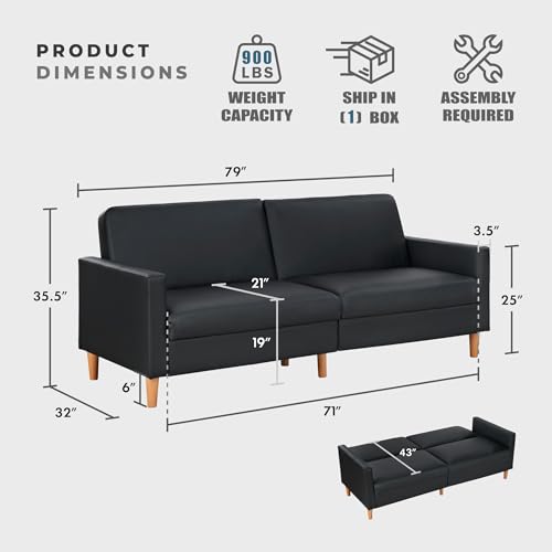 Lexicon 79"W Convertible Futon Sofa Bed, Loveseat, Faux Leather Upholstered Couch Sleeper, Adjustable Backrests, Padded Pocket Coil, Solid Wood Legs for Living Room, Bedroom, Apartment, Office, Black Lexicon