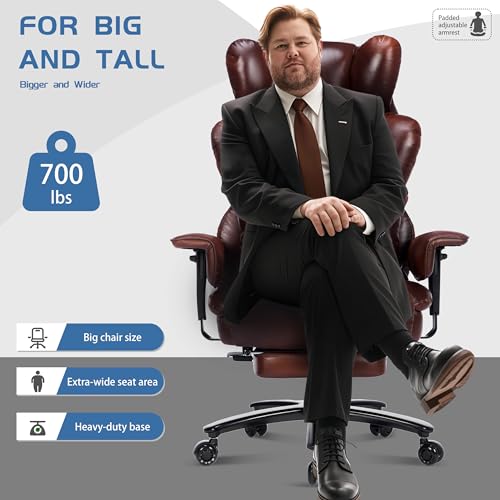 700lbs Big and Tall Office Chair with Footrest&Adjustable Lumbar Pillow,Large Heavy Duty Executive Office Chair-Wide Seat,Ergonomic High Back Computer Chairs for Heavy People,Dual Rubber Wheels,Brown BIGGARSIT