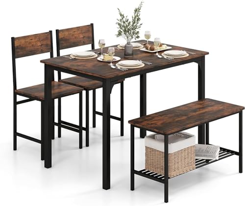 Moccha Dining Table Set for 4, Wooden Kitchen Table with with 2 Chairs and a Long Bench, Modern 4-Piece Dinette with Metal Frame & Storage Rack, Space-Saving Table Set for Dining Room, Rustic Brown LDAILY