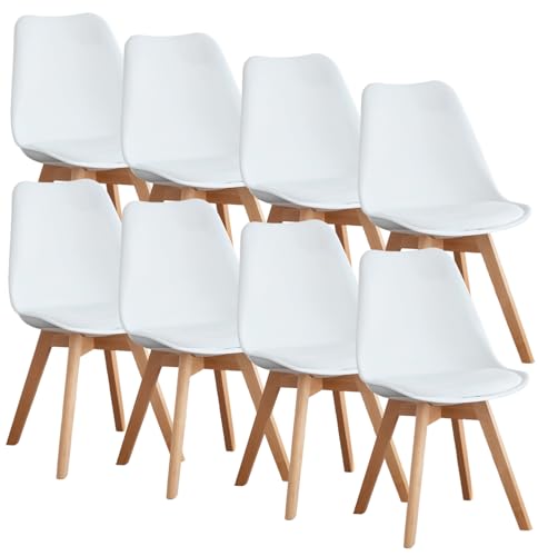 OLIXIS Dining Chairs Set of 8 Kitchen Mid Century Modern Chairs with Wood Legs and PU Leather Cushion for Living Room Bedroom Outdoor Lounge, White OLIXIS
