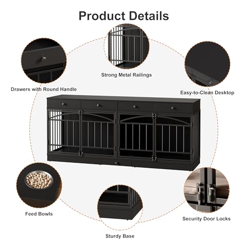 GarveeHome Dog Crate Furniture for 2 Dogs, Dog Kennel Indoor with 4 Storage Drawers and Feeding Bowls, Double Dog Crate TV Stand for Small Medium Dogs, Black GarveeHome