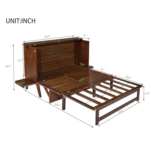 RuiSiSi Queen Size Murphy Bed with Desk and USB Ports, Foldable Murphy Bed Cabinet with Side Shelves for Bedroom, Guest Room, Home Office, can be Folded into a Cabinet, Walnut RuiSiSi