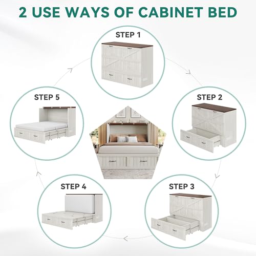 DWVO Full Size Murphy Bed with Charging Station, Cabinet Bed with Large Storage Drawer, Farmhouse Multi-Functional Murphy Cabinet Bed Frame for Bedroom or Guest Room, Noise-Free, Rustic White DWVO