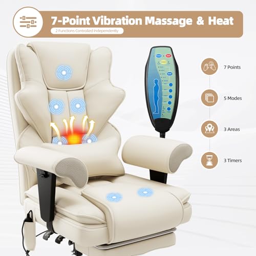 Mvpipi 7-Point Massage Office Chair,Heated Manageral Chair,Ergonomic Executive Chair with Footrest,Adjustable Armrest๏ผComputer Chair for Offices, Study Areas, Gaming Spaces,Beige