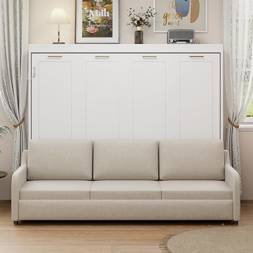 Quarte Queen Size Murphy Bed with Folding Sofa & Built-in Storage Shelves, Space-Saving Wall Bed Frame with LED Lights, Safety Lock, Easy Assembly Quarte