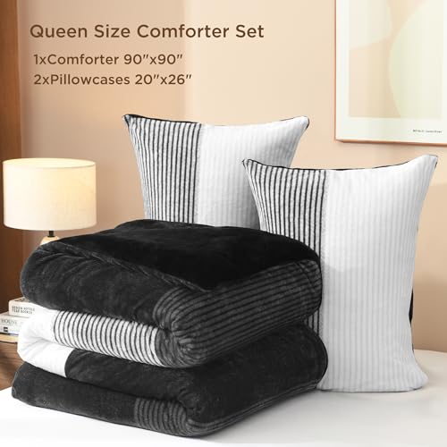 Litanika Fluffy Fleece Queen Comforter Set, Luxury Soft Plush Fuzzy Black & White Stripe Bedding Comforter Sets, Warm Shaggy Faux Fur Bed Set All Season (1 Comforter, 2 Pillowcases) Litanika