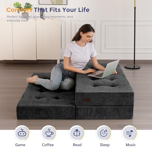 MAXYOYO Tri-Fold Mattress, 6 Inch Tufted Folding Mattress with Chenille Fabric, Portable Twin Size Floor Guest Mat for Adults, Foldable Topper for Camping, Dark Grey, 35.4"x75" MAXYOYO
