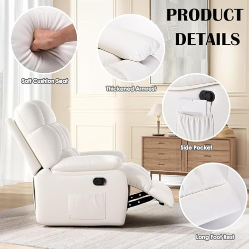 Trygoal Oversized Recliner Chair, Leather Recliner Adjustable with Side Pockets, Living Room Reclining Lounge Chair for Adults, Small Spaces Comfy Sofa with Theater Seating for Bedroom, Movie,White