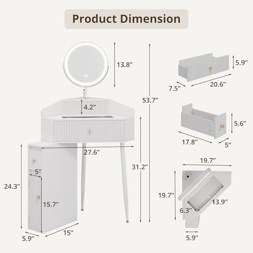 ARTETHYS Corner Vanity Desk with Retractable and Rotating Mirror and Lights Small Modern White Makeup Vanity Set with Glass Top for Women Compact Girls Dressing Table with Drawer for Small Space ARTETHYS