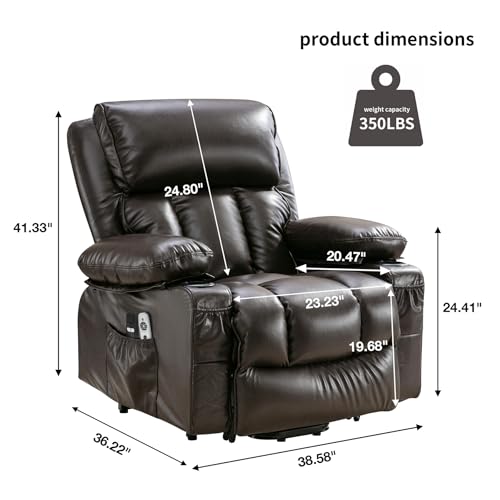 RHHVVR Power Lift Recliner Chair for Elderly, Lay Flat Recliner Chair with Heat and Massage, Electric Stand Assist Leather Lift Lounge Recliner Presents for Family, Dark Brown RHHVVR
