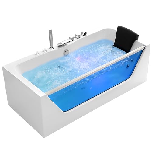 Empava 67 in. Acrylic Alcove Whirlpool Bathtub - Hydromassage Rectangular Jetted Soaking Tub with Center Drain - Waterfall Faucet Empava