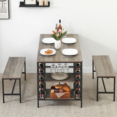 Garvee Dining Table Set for 4, Kitchen Table Set for 4 with 2 Benches, 3 Piece Dining Room Table Set for Small Space Apartment, Grey Garvee