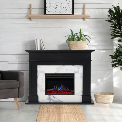 Cambridge Sofia 53-in. Freestanding Fireplace Mantel in Black with White Marble Inlay and Log Display, Electric Heater Insert with Color Changing Flames for Living Room, Bedroom CAMBRIDGE