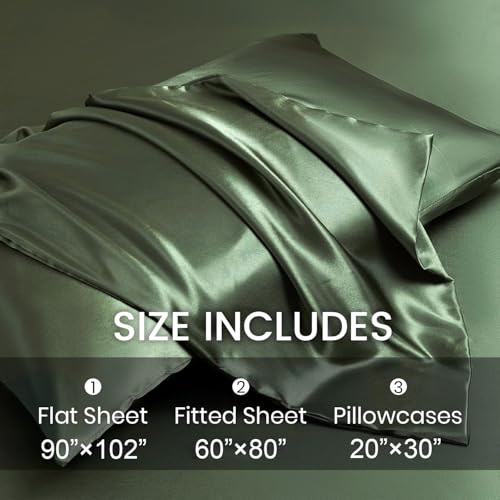 Revdomfly 4 Pcs Queen Size Luxury Silky Soft Olive Green Satin Sheet Set,1 Premium Moisture Wicking Fitted Sheet Fits Up to 16 Inches Deep Pocket + 1 Flat Sheet + 2 Pillowcases(Olive Green, Queen) Revdomfly