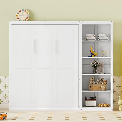 Harper & Bright Designs Queen Size Murphy Bed with Storage Shelves, Wood Cabinet Queen Platform Beds with Flexible Slats Support, Foldable Wall Bed Frame for Home Office Studio, White Harper & Bright Designs