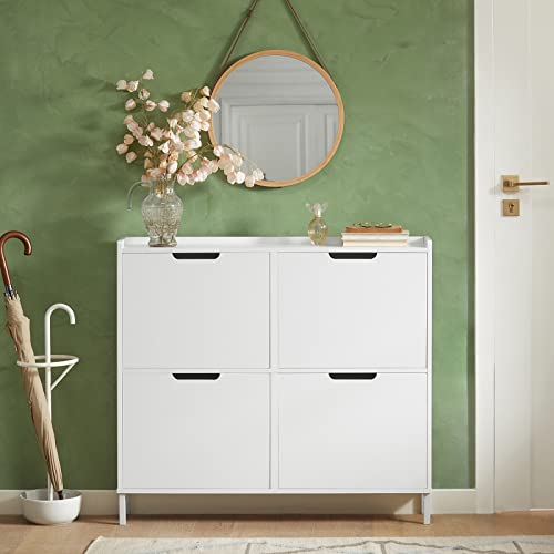 Haotian Shoe Cabinet with 4 Flip-Drawers, Narrow Shoe Rack, Slim Shoe Organiazer Entryway White, FSR100-W Haotian